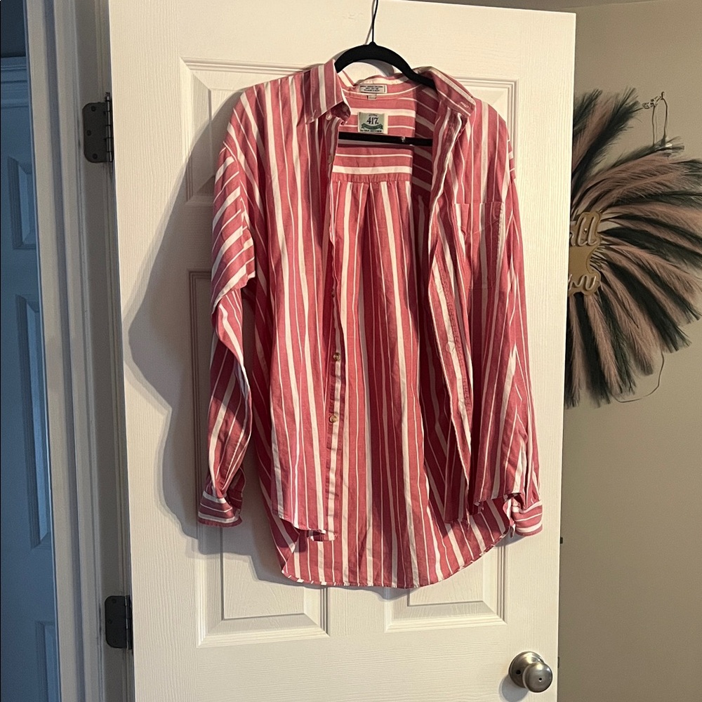 L.L. Bean Red and White Striped Casual Shirt